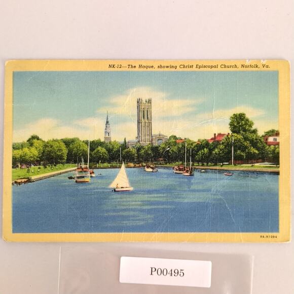 The Hague Norfolk VA 1940s Linen Postcard Christ Episcopal Church Sailboats - Picture 1 of 2